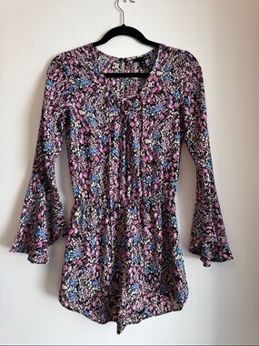 Aqua Black Floral Tie-Neck Romper with Pink & Blue Accents